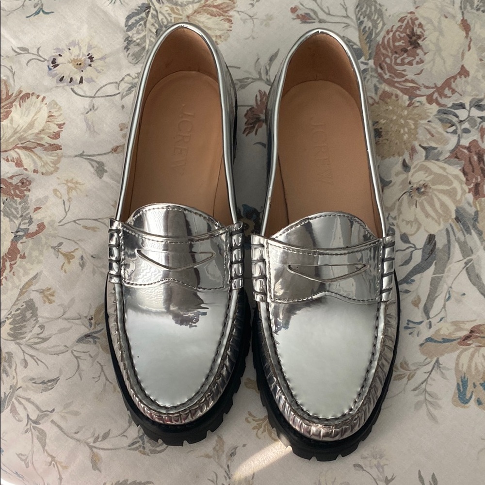 J. Crew Silver Penny Loafers with Moccasin Toe